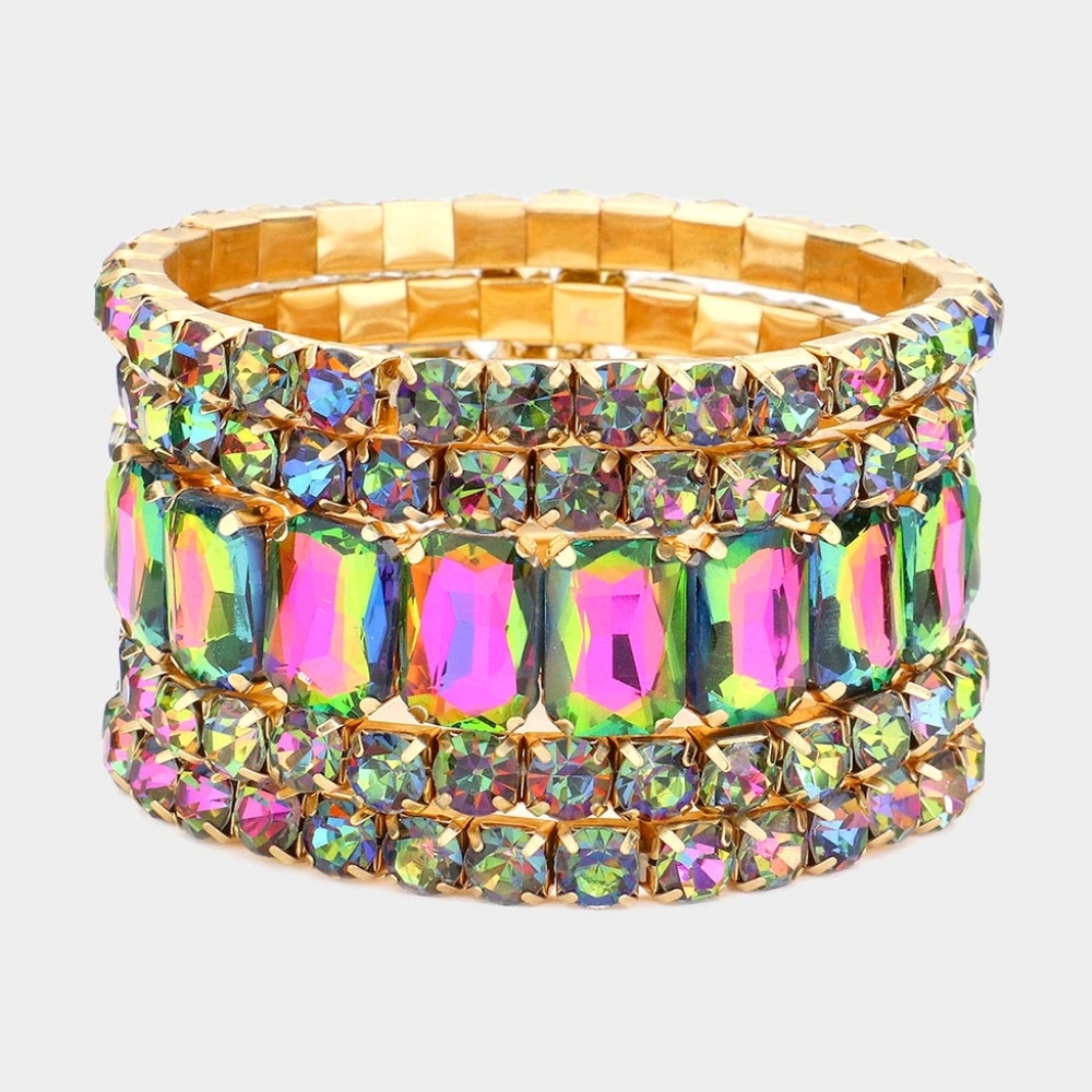 Vitrail Emerald Cut Crystal Wide Stretch Bracelet 5 Pcs Bling 1.75 Inches